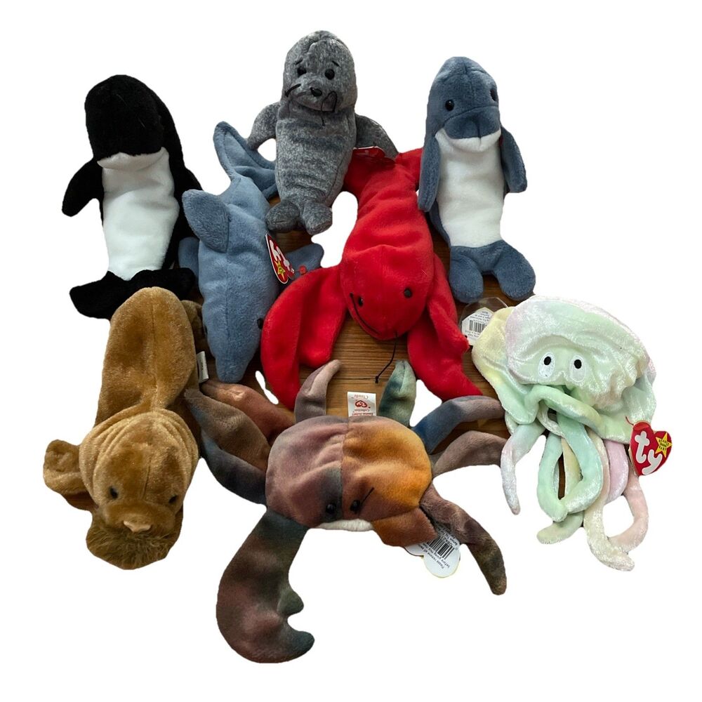 TY Lot Of 8 1990s Retired Sea Animal Beanie Babies Pinchers Crunch Echo Waves